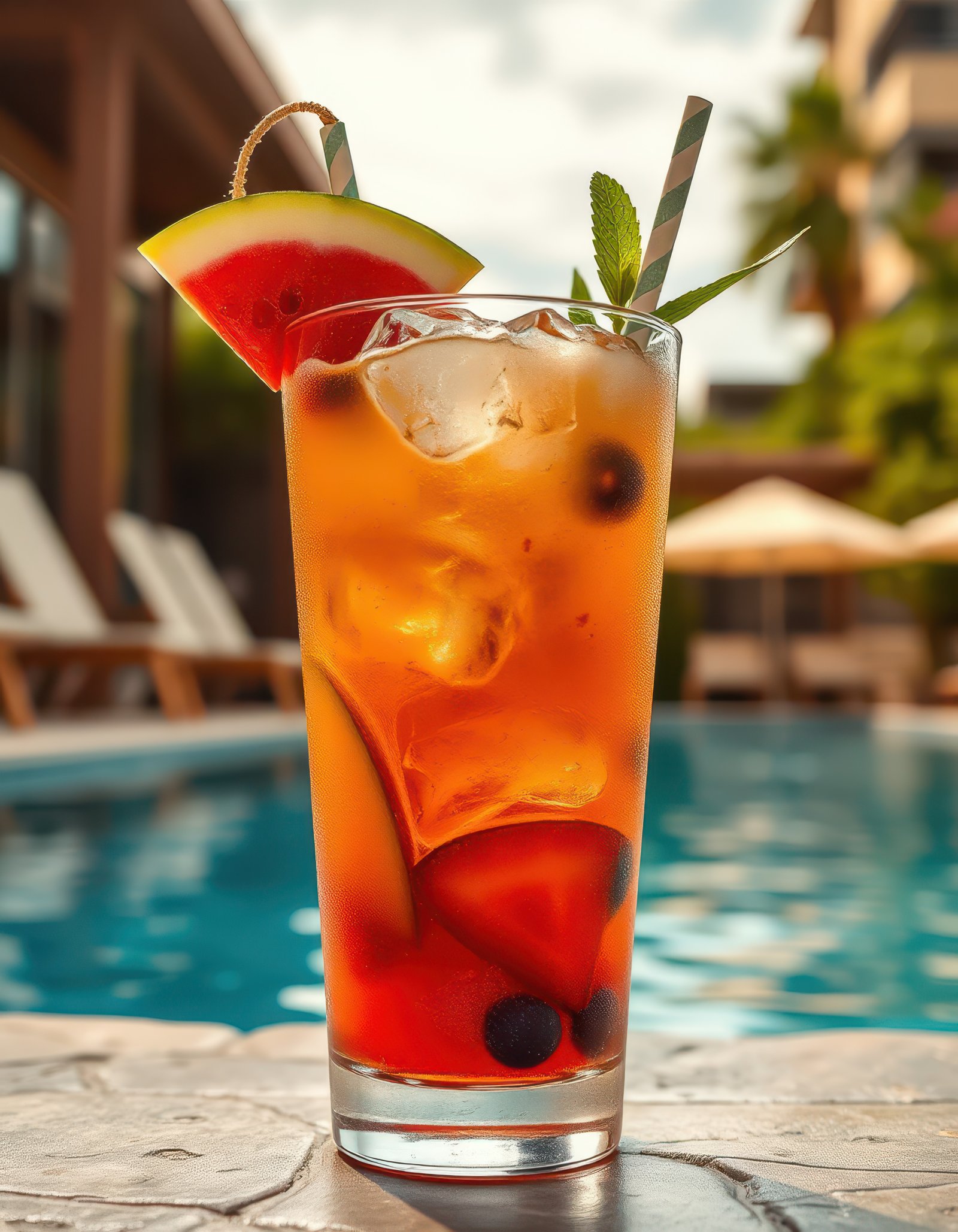 Refreshing summer cocktail served by the pool on a sunny afternoon in a tropical location
